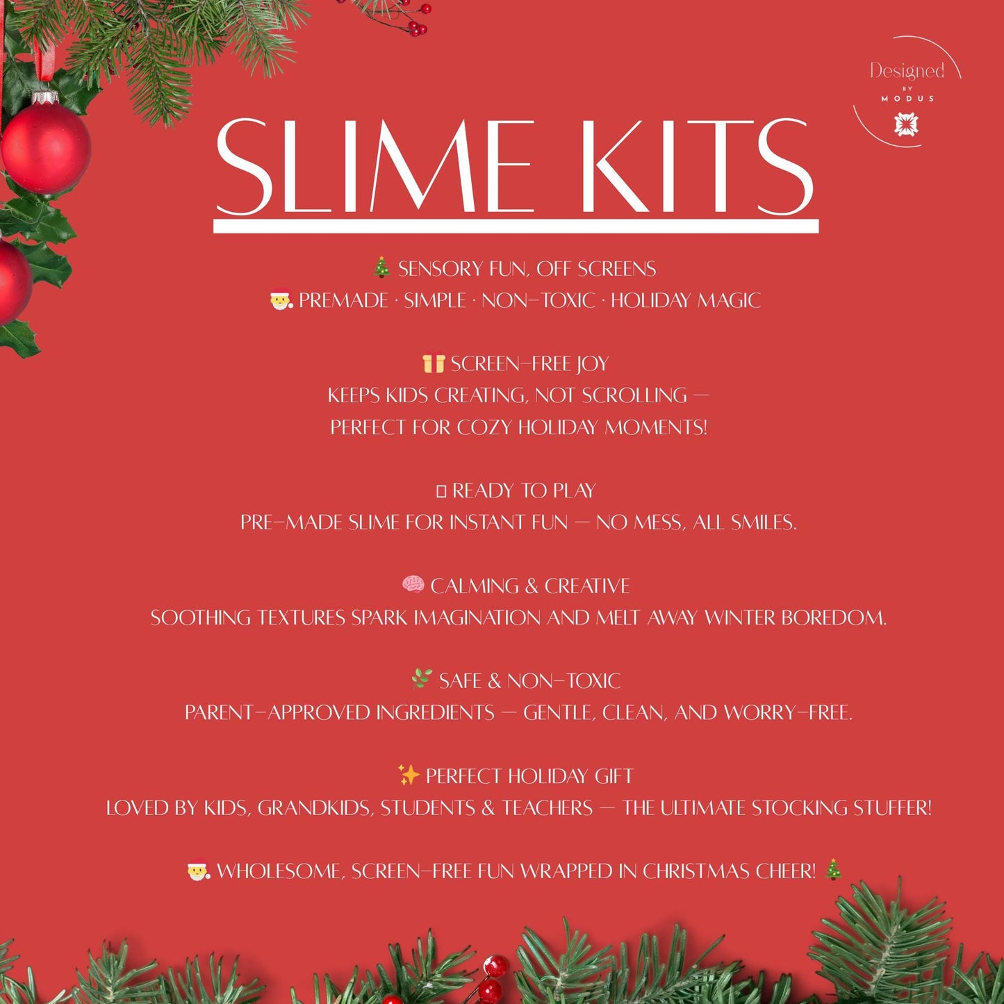 Red Christmas-themed graphic titled “Slime Kits” with festive greenery and ornaments, describing benefits like sensory fun, screen-free play, non-toxic materials, and perfect holiday gift ideas for kids, students, and teachers.