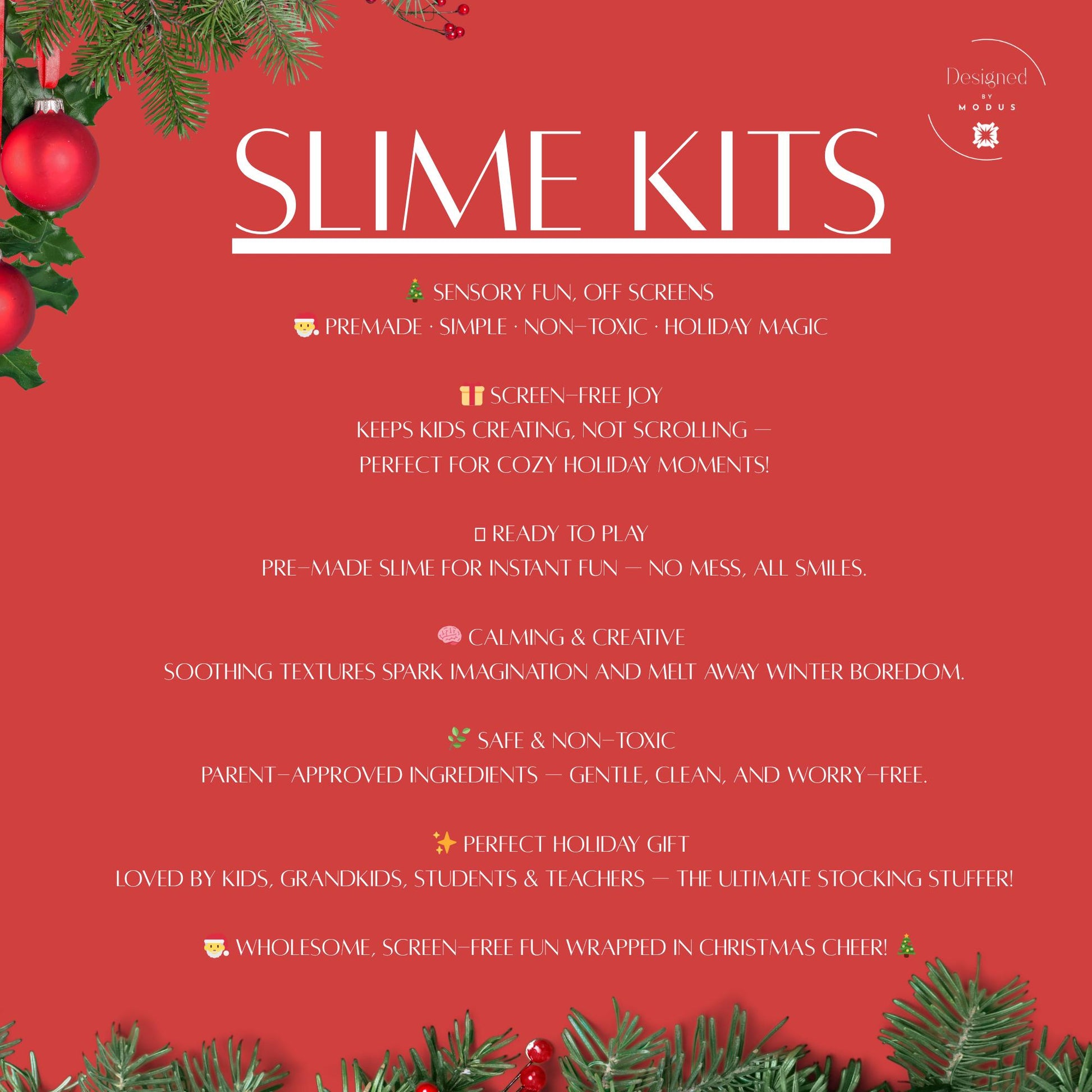 Red Christmas-themed graphic titled “Slime Kits” with festive greenery and ornaments, describing benefits like sensory fun, screen-free play, non-toxic materials, and perfect holiday gift ideas for kids, students, and teachers.