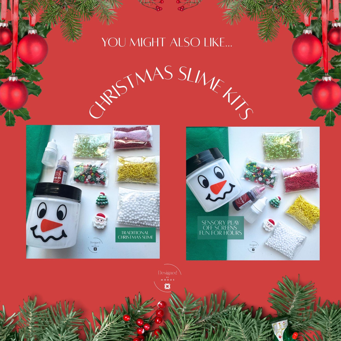 Festive red background graphic showing two Christmas-themed slime kits with snowman jars, mix-ins, and holiday decorations, labeled “You Might Also Like… Christmas Slime Kits.”