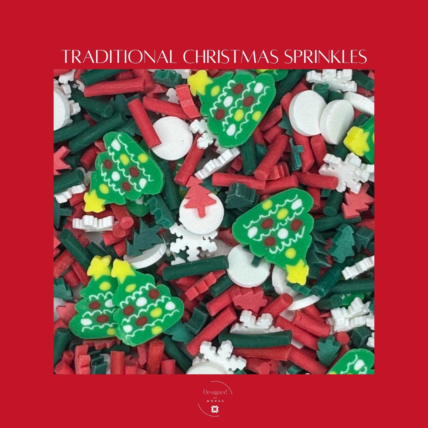 Close-up of traditional Christmas sprinkles mix featuring Christmas tree, snowflake, and red-green-white polymer shapes used for slime or crafts.
