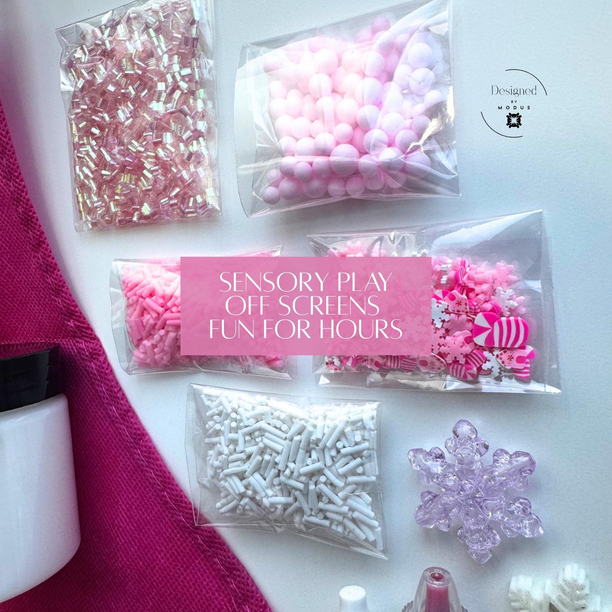 Close-up flat lay of pink, white, and iridescent slime mix-ins with label “Sensory Play Off Screens Fun for Hours.”