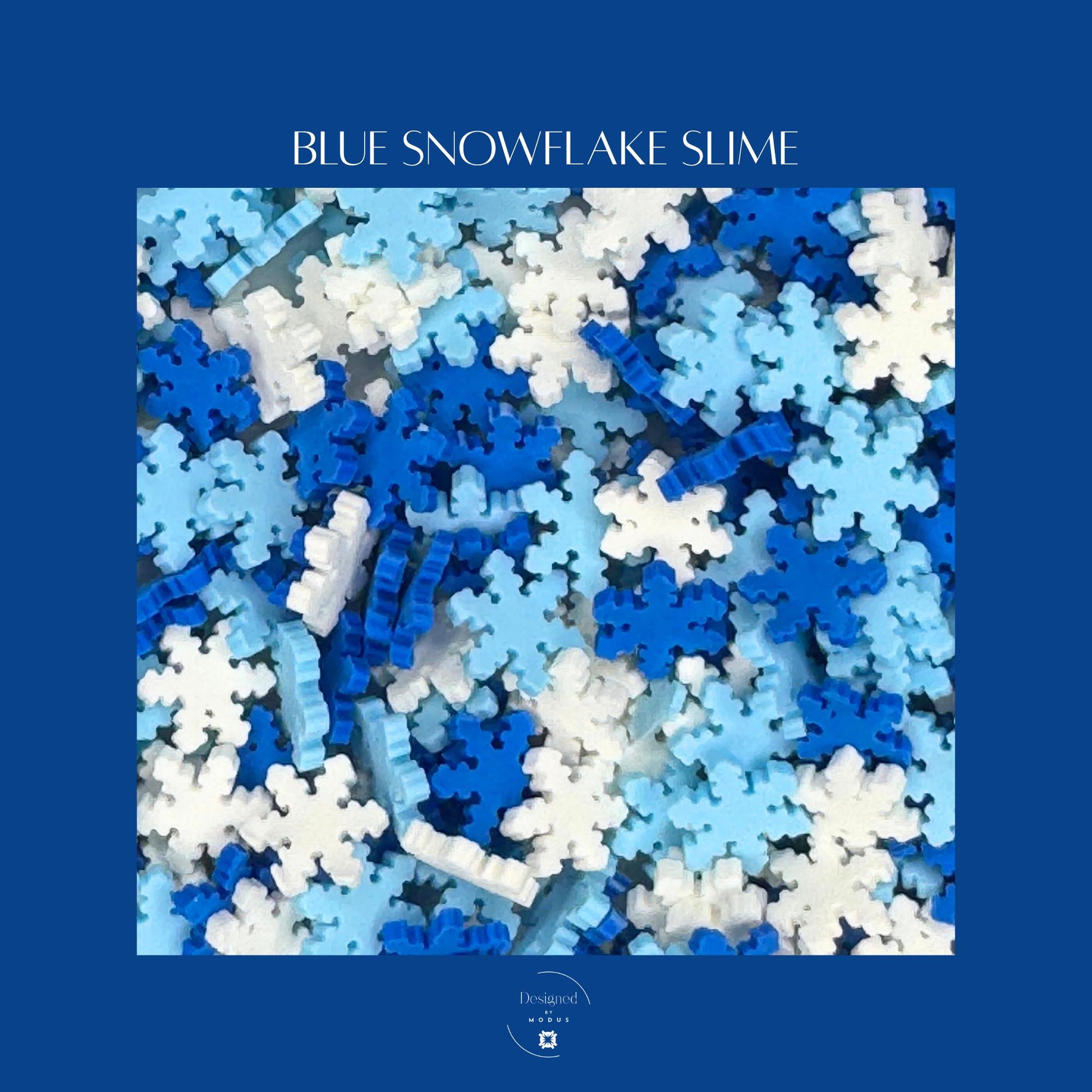 Close-up of blue snowflake polymer sprinkles in white, light blue, and navy shades on a blue background labeled “Blue Snowflake Slime.”