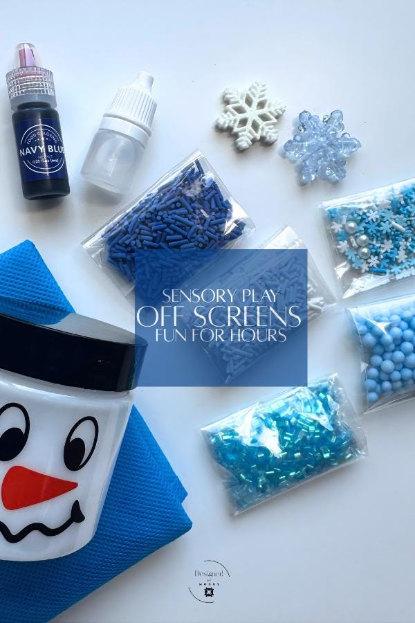 Flat lay of Snowflake Slime Kit items including snowman jar, blue sprinkles, snowflake charms, activator, dye, and blue foam beads with the caption “Sensory Play Off Screens Fun for Hours.”