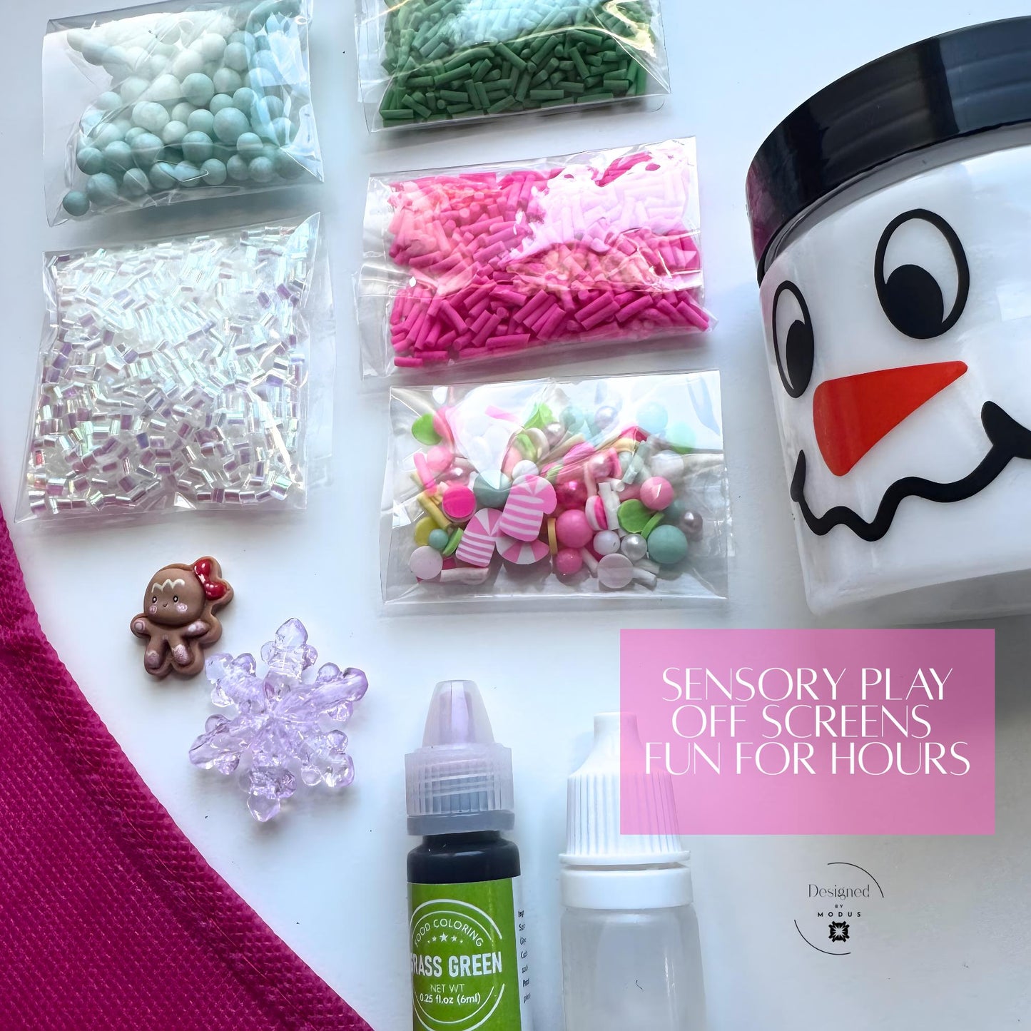 Flat lay of pastel slime kit mix-ins including green, pink, mint, and iridescent sprinkles with dye, activator, and gingerbread charm, captioned “Sensory Play Off Screens Fun for Hours.”