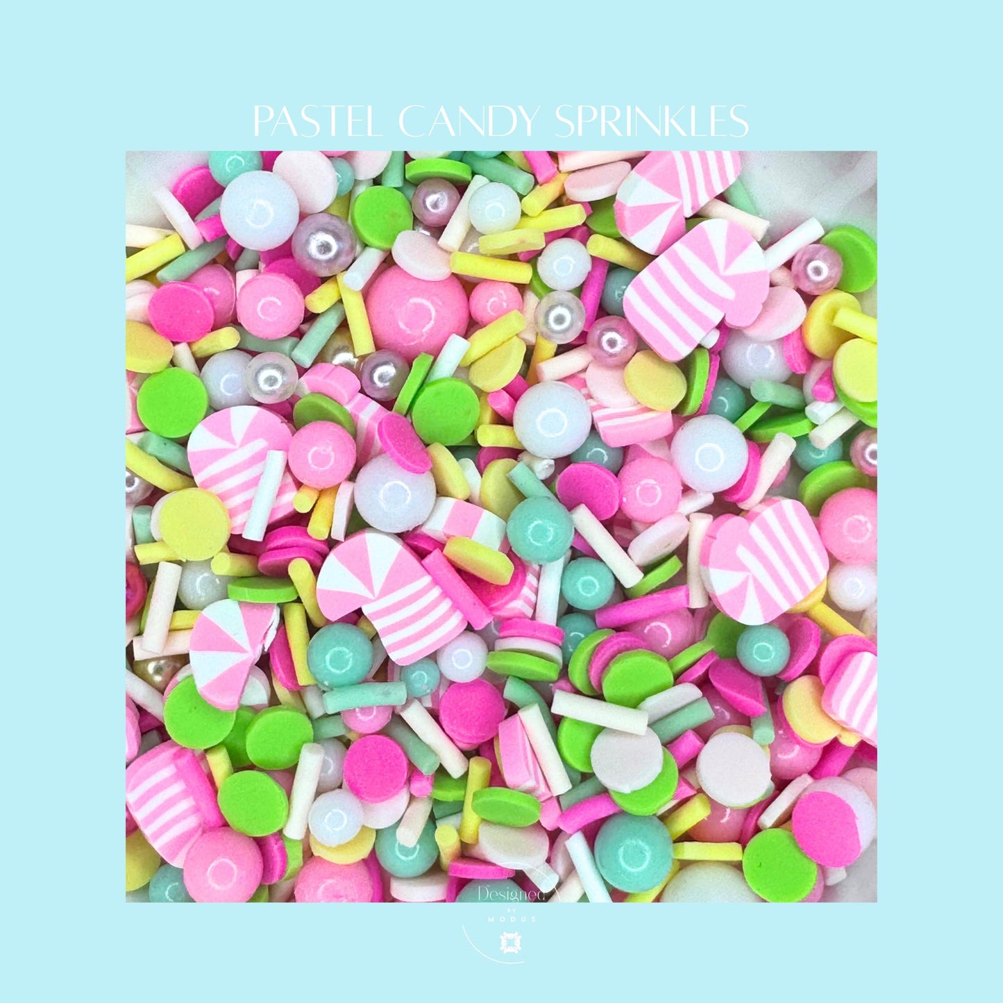 Close-up of pastel candy sprinkles mix featuring pink, mint, yellow, and white polymer candy shapes used for Christmas slime crafts.