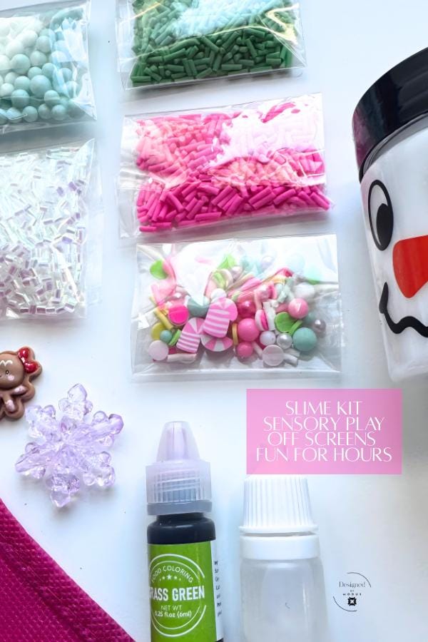 Flat lay of pastel slime kit mix-ins including green, pink, mint, and iridescent sprinkles with dye, activator, and gingerbread charm, captioned “Sensory Play Off Screens Fun for Hours.”
