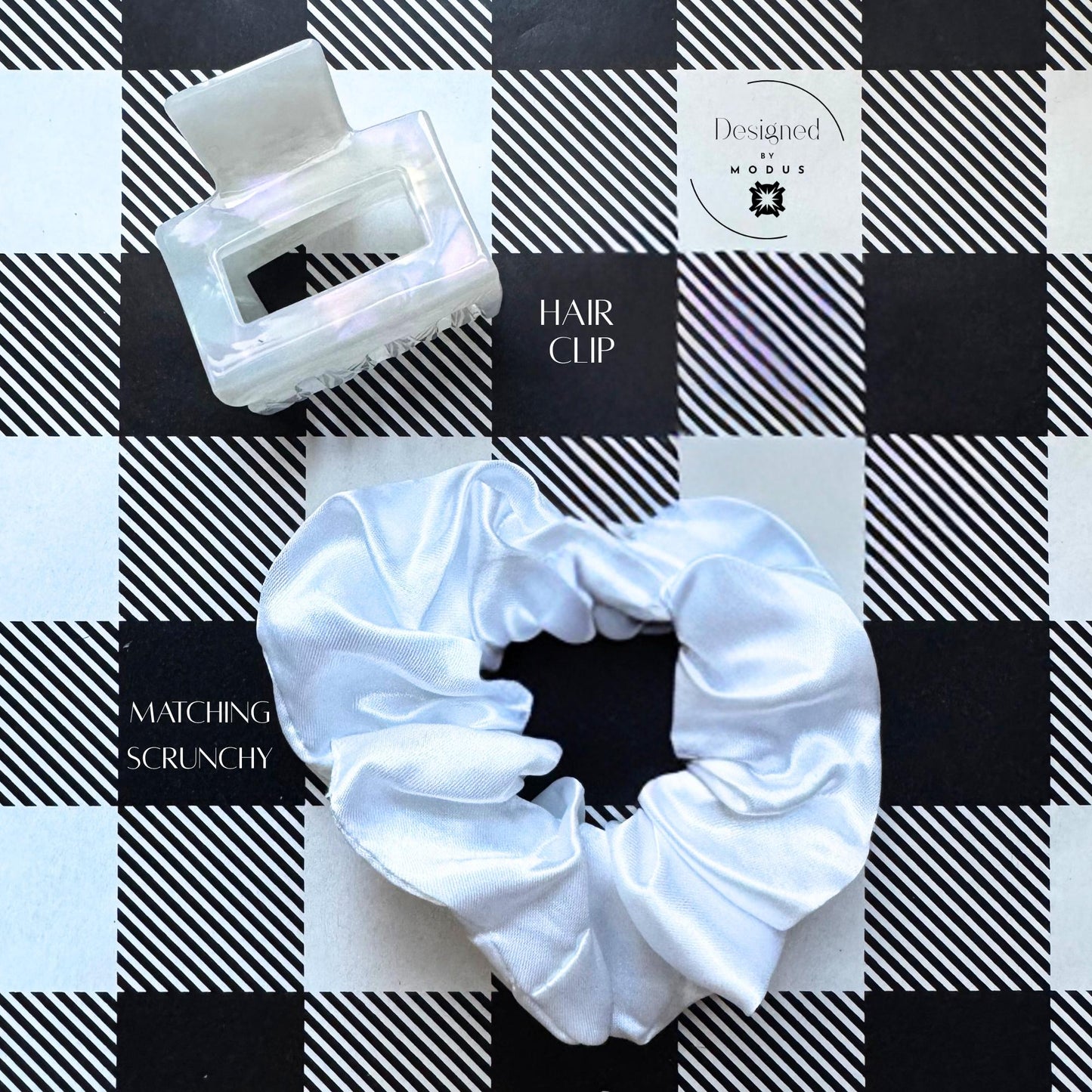 White satin scrunchie and iridescent claw clip displayed on plaid background, labeled “Matching Scrunchy & Hair Clip.”