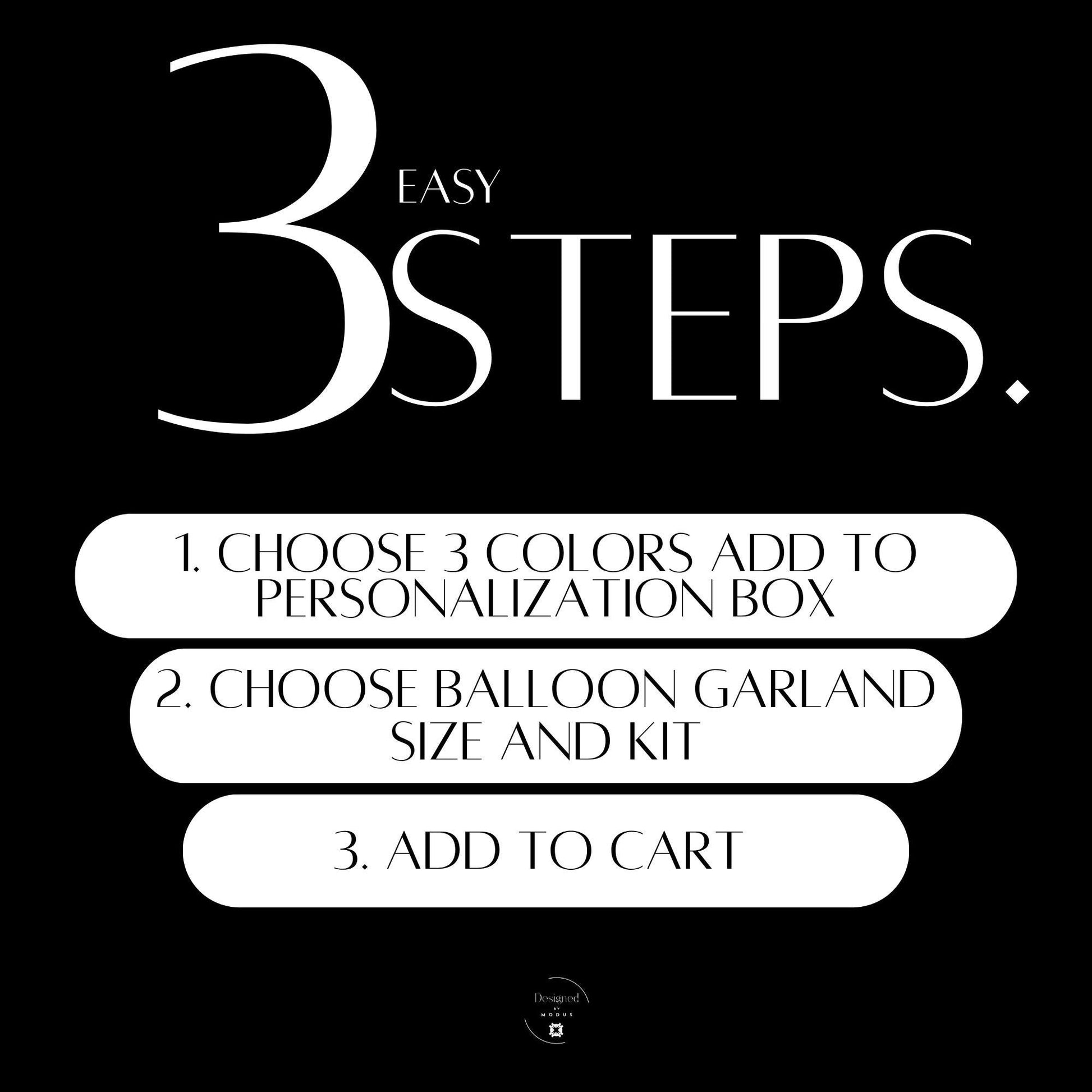 3 Easy Steps Balloon Garland Guide – simple steps for choosing colors, size, and checkout.