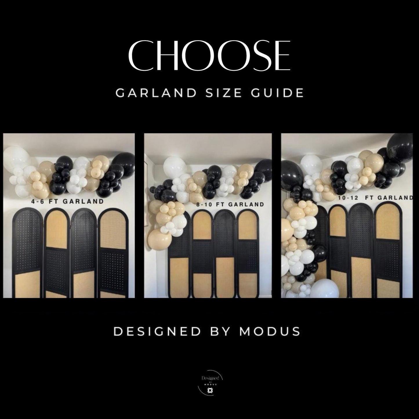Garland Size Guide – visual comparison of 4–6 ft, 8–10 ft, and 10–12 ft balloon garlands.