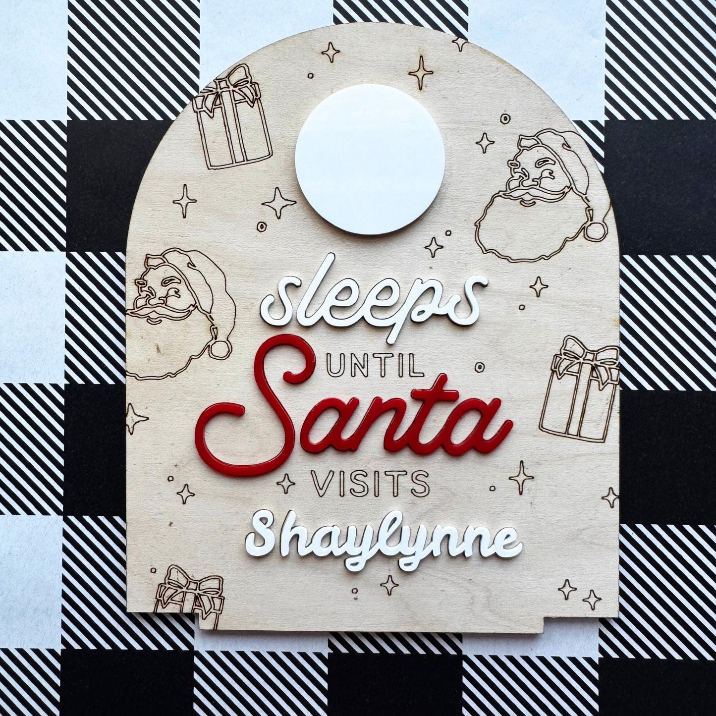 Close-up of personalized “Sleeps Until Santa” dry erase countdown sign showing number eight written in marker, labeled as Custom Christmas Countdown Calendar.