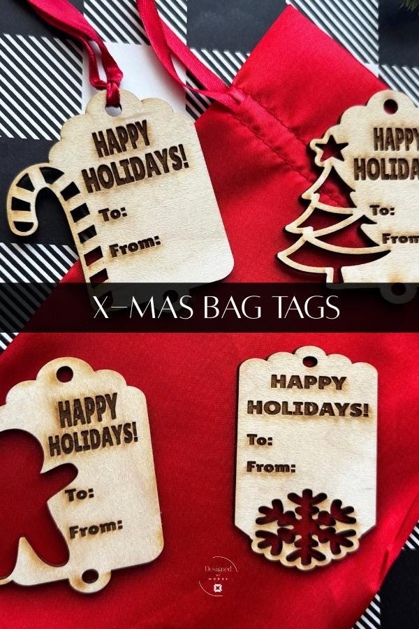 Full set of four engraved wooden gift tags — Candy Cane, Tree, Gingerbread, and Snowflake — displayed on red drawstring bag for Christmas gifts.