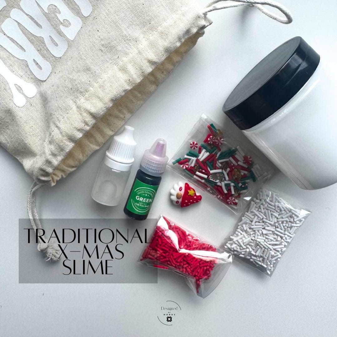 Traditional Christmas Slime Kit with red, green, and white sprinkles, slime jar, color dye, and linen “Merry Christmas” gift bag for kids’ holiday crafting.