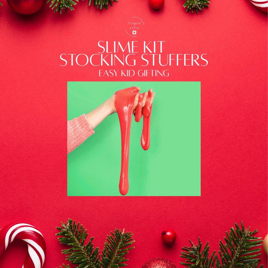 Hand stretching red slime on a bright green background with holiday decor around it — Christmas slime kit stocking stuffer gift for kids, sensory play DIY toy.