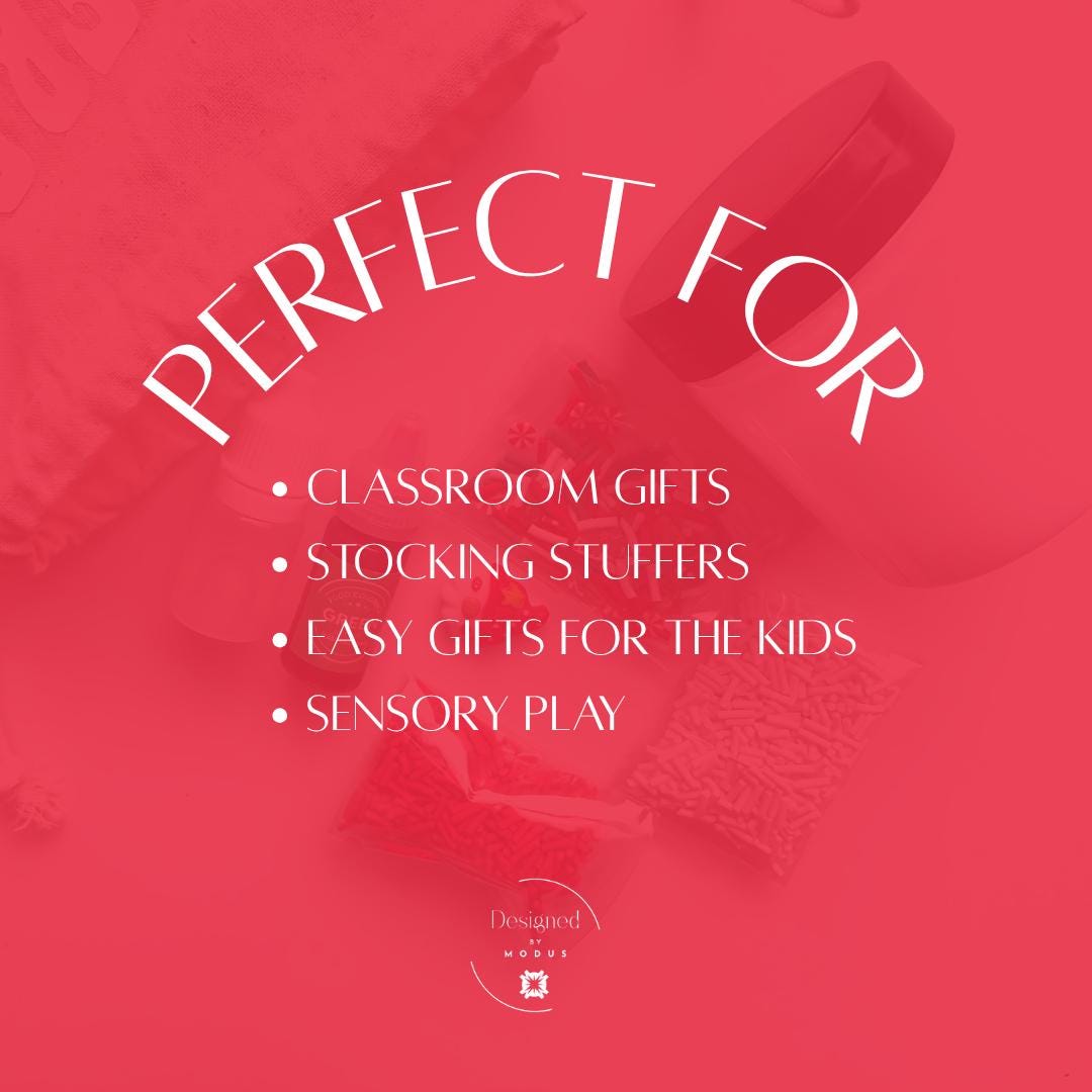 Red graphic image with text “Perfect For Classroom Gifts, Stocking Stuffers, Easy Gifts for Kids, Sensory Play” over blurred slime kit background.