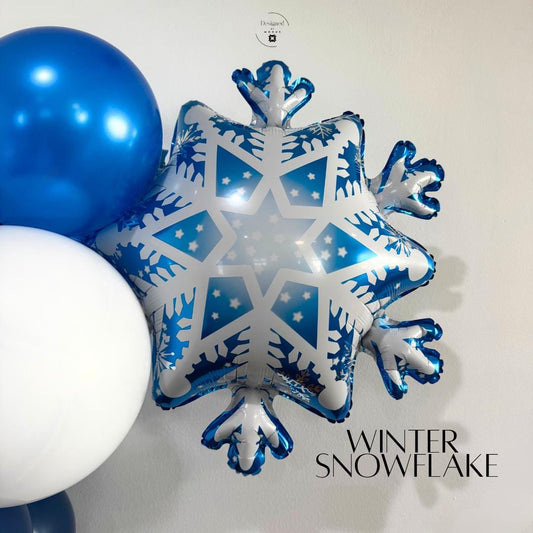 Blue and silver snowflake mylar balloon paired with blue and white balloons, winter party and Frozen theme decoration.”