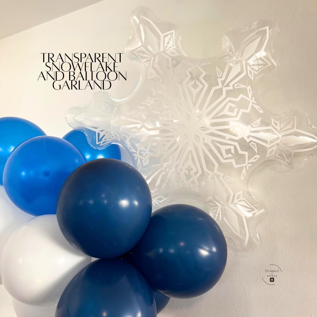 “Clear snowflake balloon with blue and white balloons for Frozen party or winter decoration.”