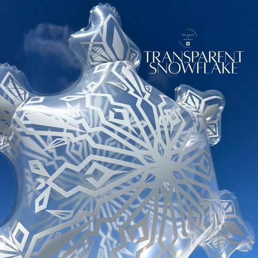 “Transparent snowflake mylar balloon with frosted white pattern against blue sky.”