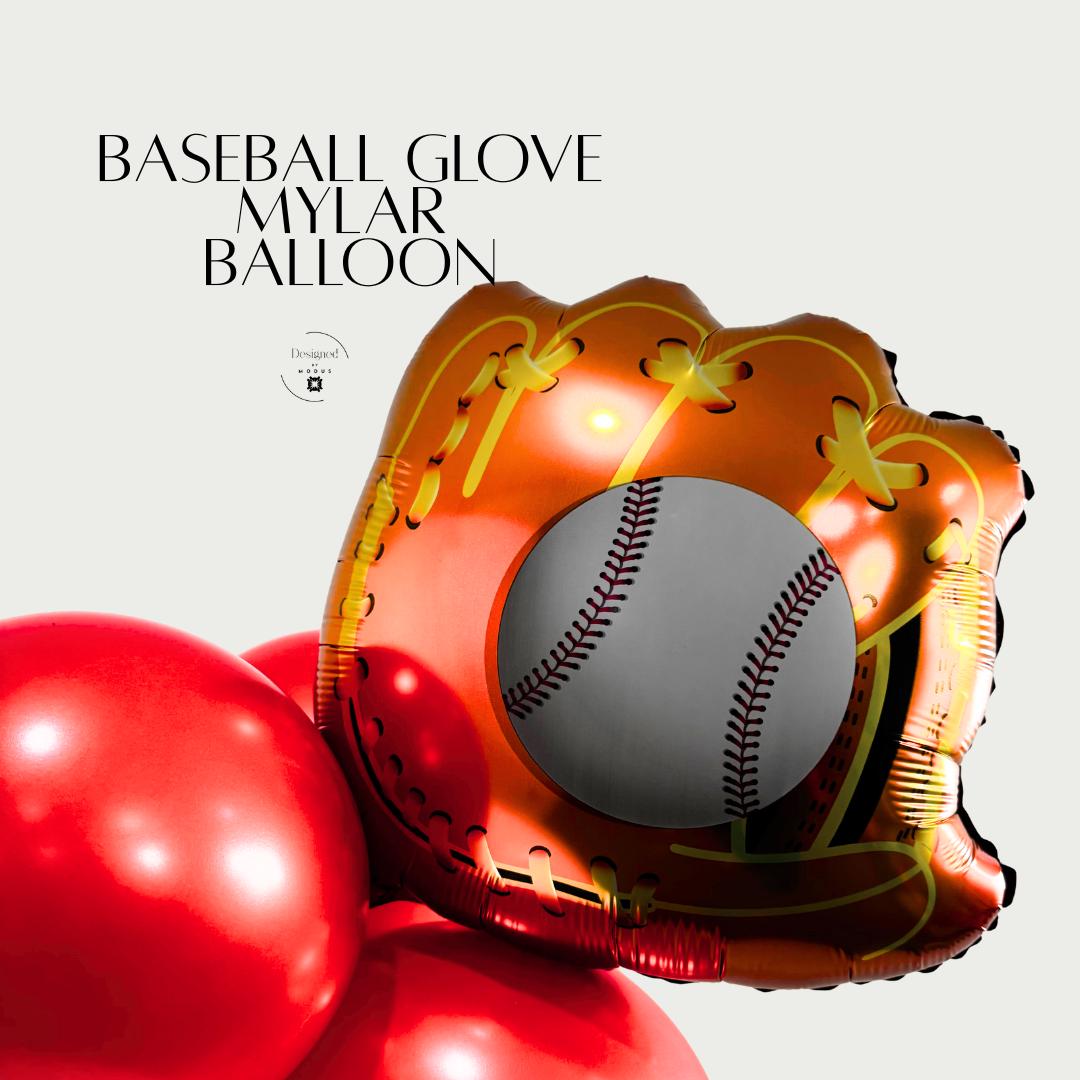 Baseball glove mylar balloon holding a baseball accent