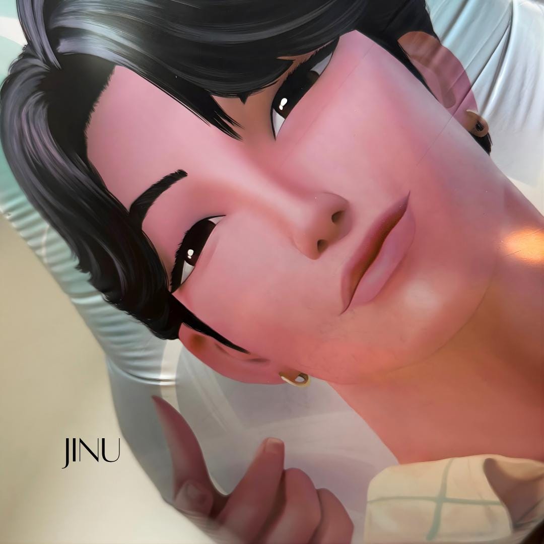 Close-up view of JINU mylar balloon showing detailed anime-style artwork — Designed by Modus