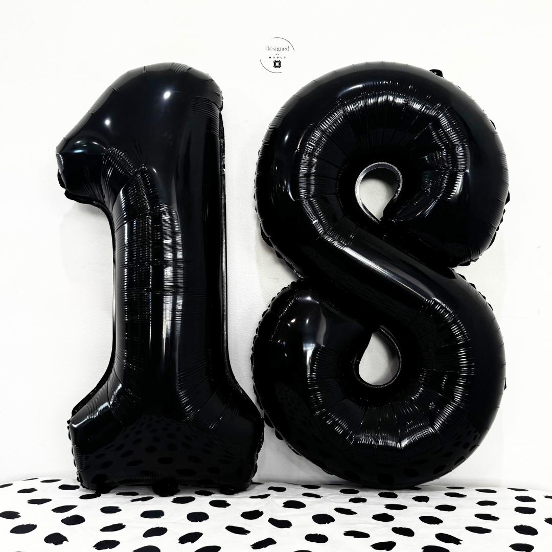 Large black number 18 foil balloons against white wall and spotted backdrop.