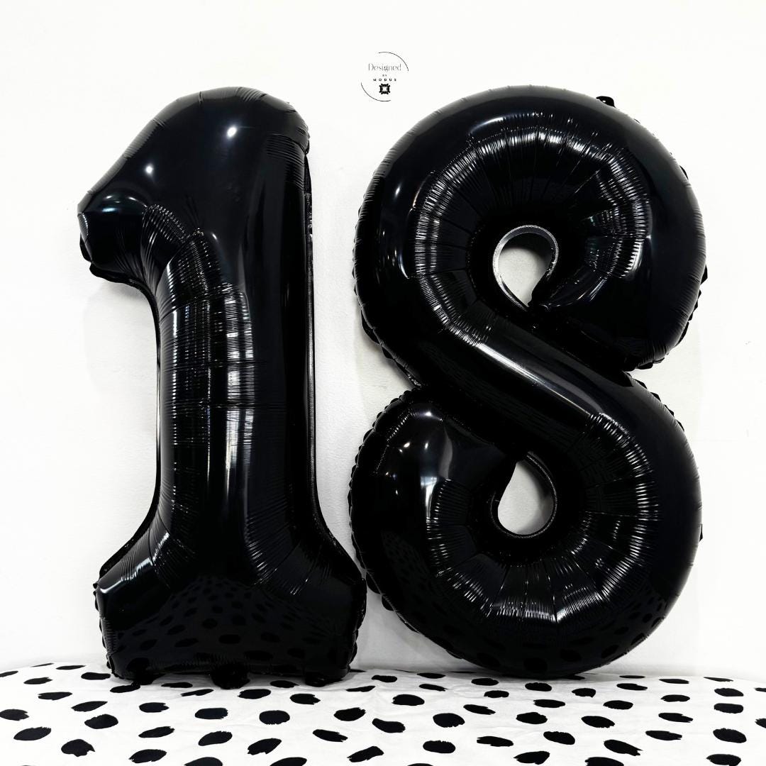 Large black number 18 foil balloons against white wall and spotted backdrop.