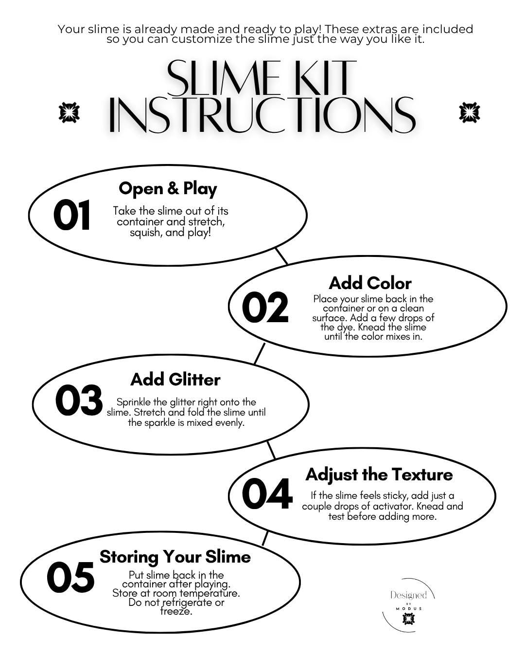 Slime kit instruction sheet with five illustrated steps showing how to open and play, add color, add glitter, adjust texture with activator, and store slime at room temperature.
