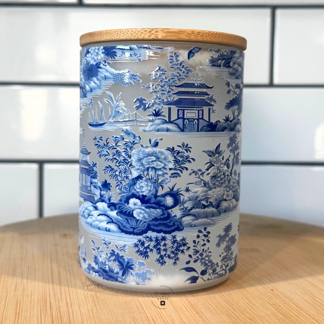 frosted blue and white tumbler with bamboo lid