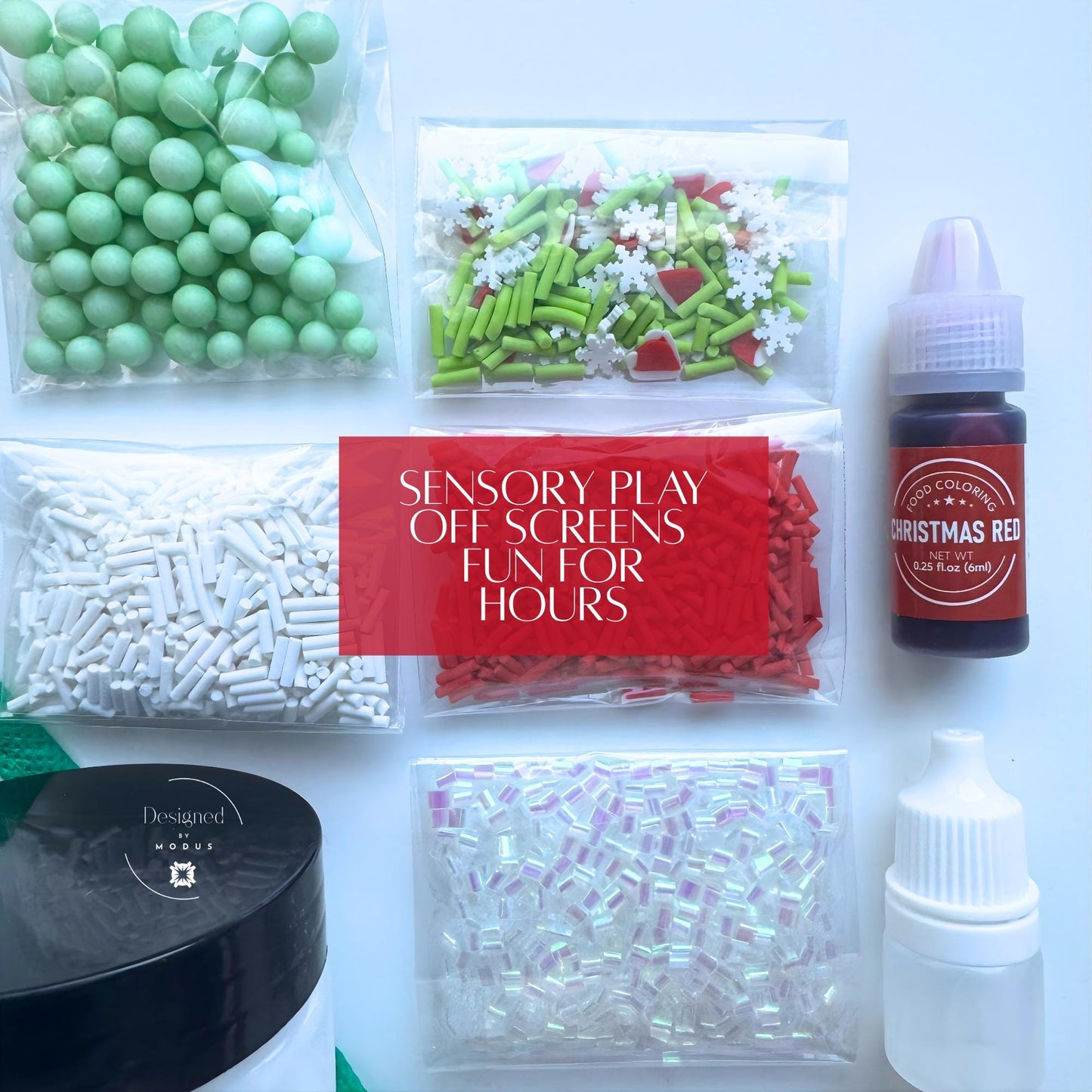 Close-up of slime ingredients including red and green mix-ins, sprinkles, dye, and activator labeled “Sensory Play Off Screens Fun for Hours.”
