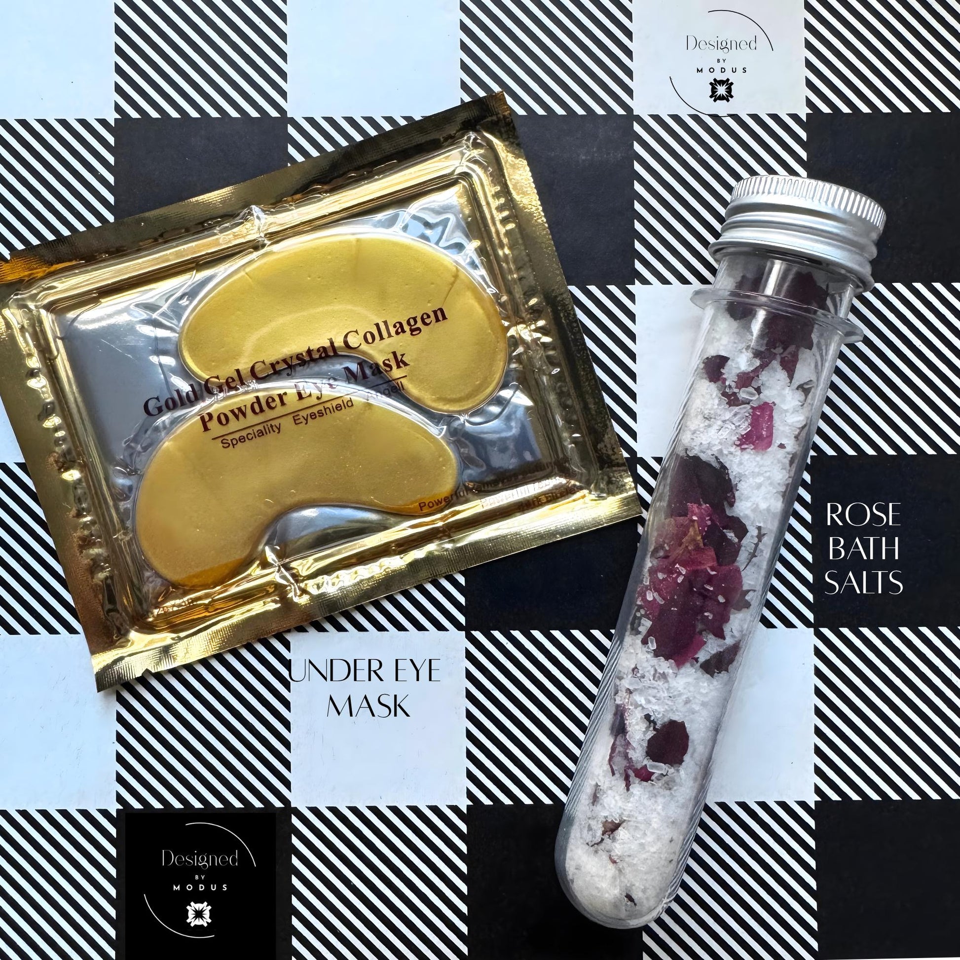 Rose bath salts in glass vial and gold under-eye mask packet, labeled “Rose Bath Salts & Under Eye Mask.”