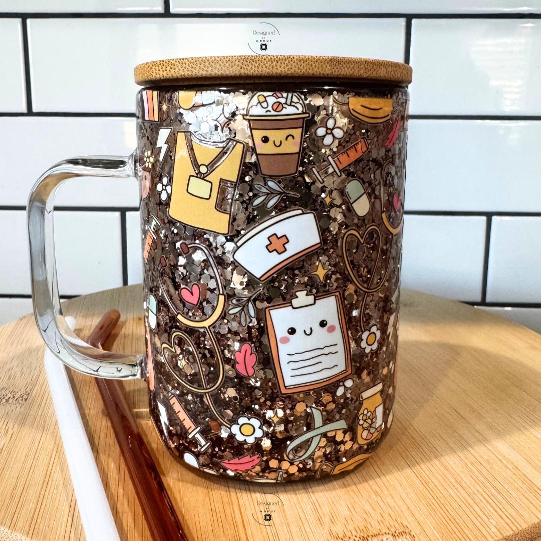 Front view of brown glitter cup with cute medical icons and white straw.