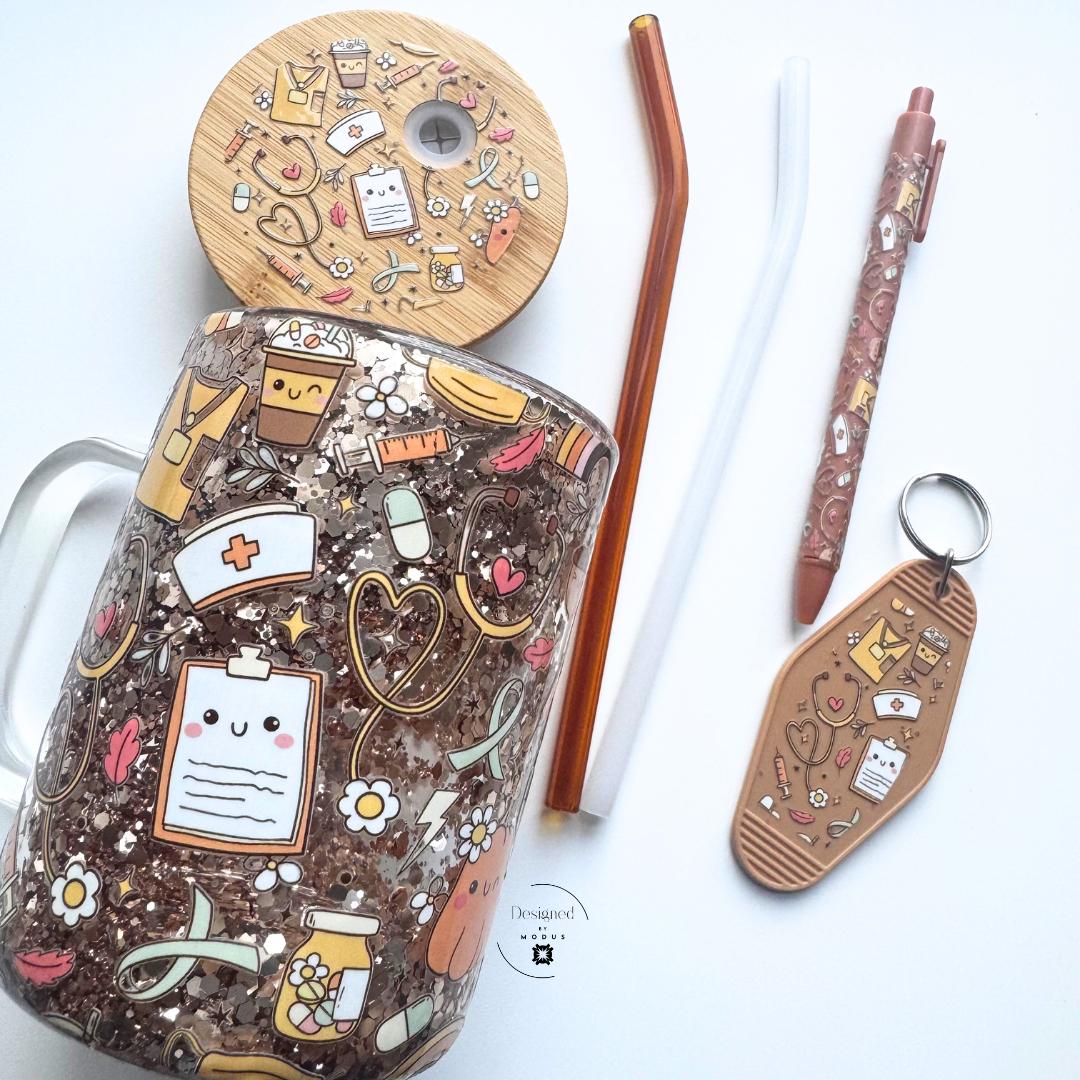 Lifestyle flat lay of nurse gift set with straws and accessories.