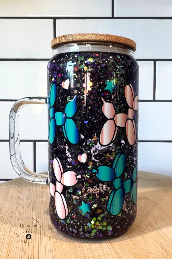 Balloon Dog Glitter Mug | Iridescent Snow globe Cup with Lid and Straws
