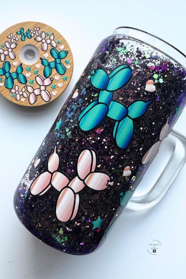 Balloon Dog Glitter Mug | Iridescent Snow globe Cup with Lid and Straws