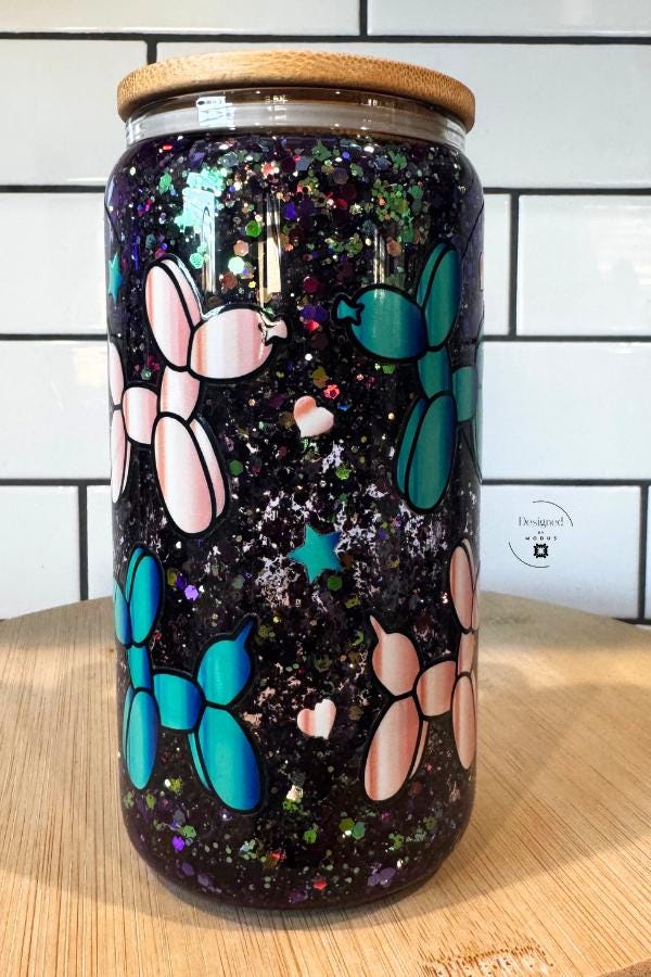 Balloon Dog Glitter Mug | Iridescent Snow globe Cup with Lid and Straws