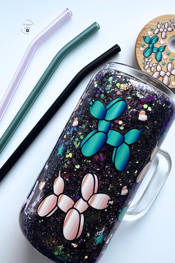 Balloon Dog Glitter Mug | Iridescent Snow globe Cup with Lid and Straws