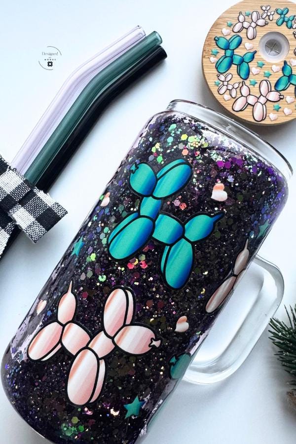 Balloon Dog Glitter Mug | Iridescent Snow globe Cup with Lid and Straws