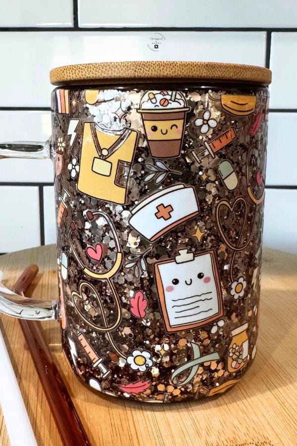 Nurse Life Glass Cup | Glitter Coffee Mug with Bamboo Lid | Medical Gift for Nurses | Cute Healthcare Drinkware | RN Appreciation Gift
