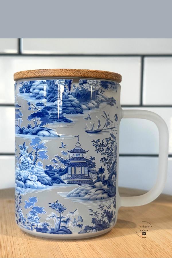Blue Chinoiserie Snow Globe Mug | Frosted Glass Tumbler with Bamboo Lid