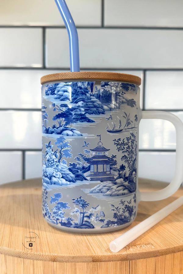 Blue Chinoiserie Frosted Glass Mug | Snowglobe Tumbler with Bamboo Lid