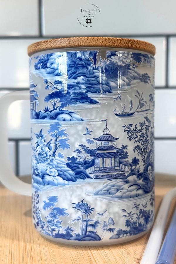 Blue Chinoiserie Snow Globe Mug | Frosted Glass Tumbler with Bamboo Lid