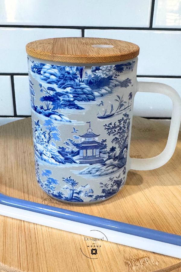 Blue Chinoiserie Snow Globe Mug | Frosted Glass Tumbler with Bamboo Lid