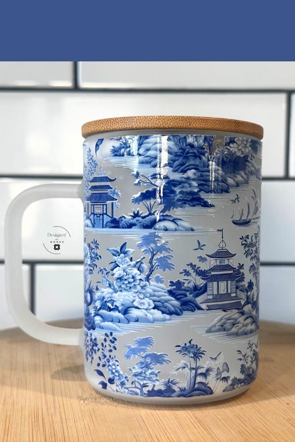 Blue Chinoiserie Frosted Glass Mug | Snowglobe Tumbler with Bamboo Lid