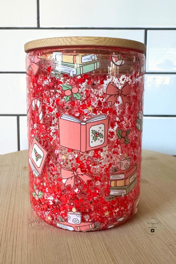 Christmas Glass Cup Red Glitter Mug | Holiday Book Lover Gift | Cozy Cocoa Tumbler with Bamboo Lid | Winter Reading Cup Gift Idea