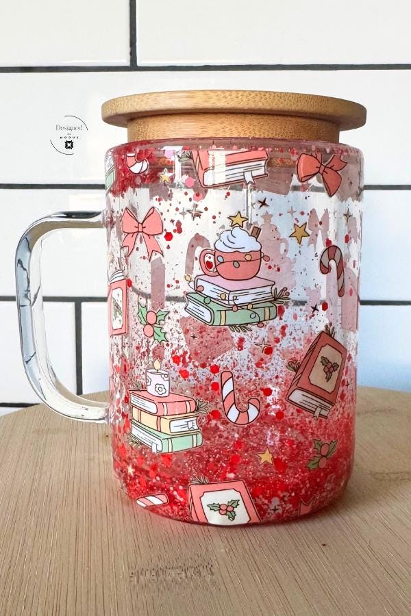 Christmas Glass Cup Red Glitter Mug | Holiday Book Lover Gift | Cozy Cocoa Tumbler with Bamboo Lid | Winter Reading Cup Gift Idea