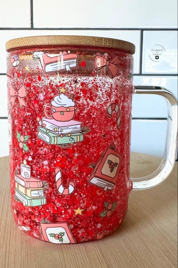 Christmas Glass Cup Red Glitter Mug | Holiday Book Lover Gift | Cozy Cocoa Tumbler with Bamboo Lid | Winter Reading Cup Gift Idea
