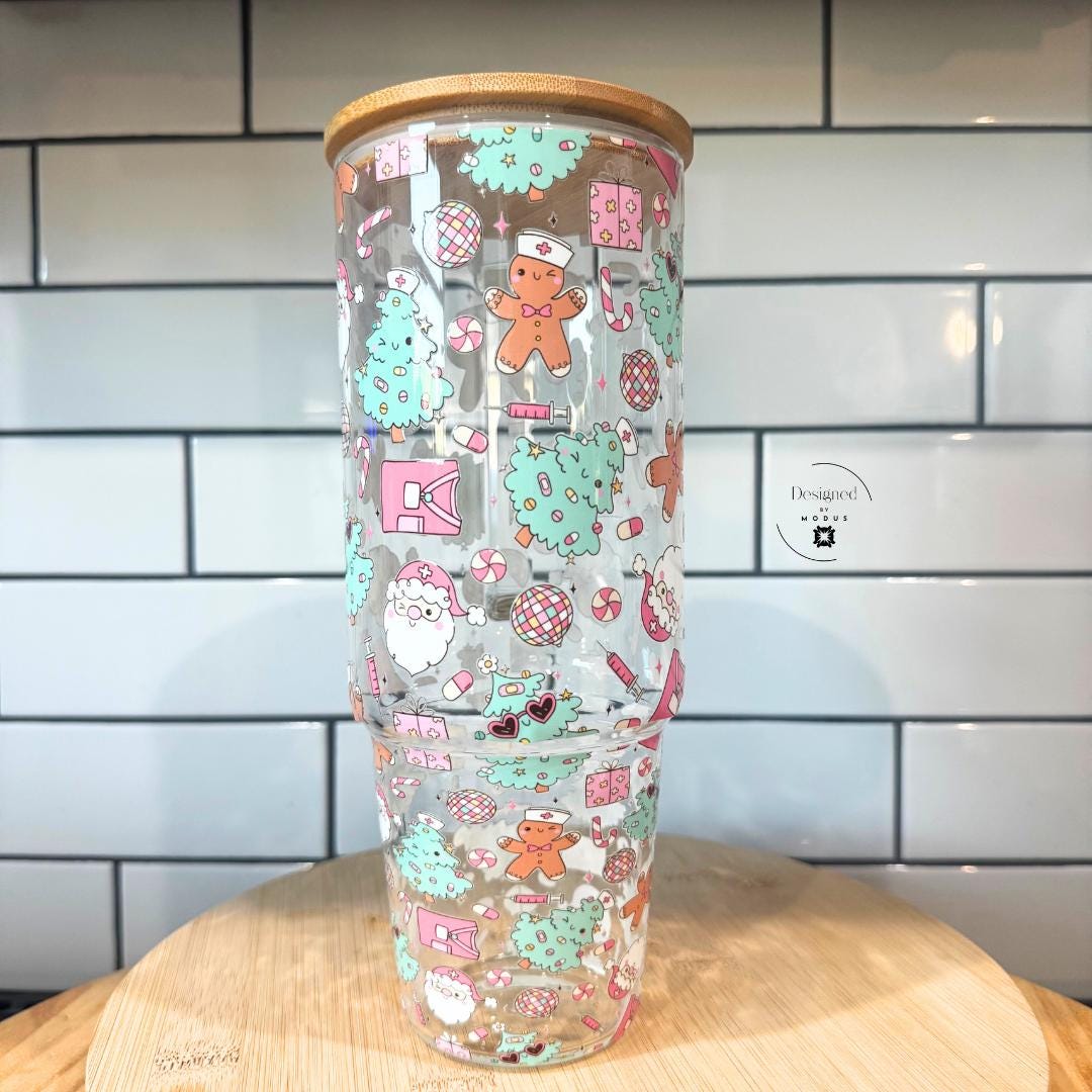 Pastel Christmas glass tumbler with bamboo lid featuring cute gingerbread and mint tree designs