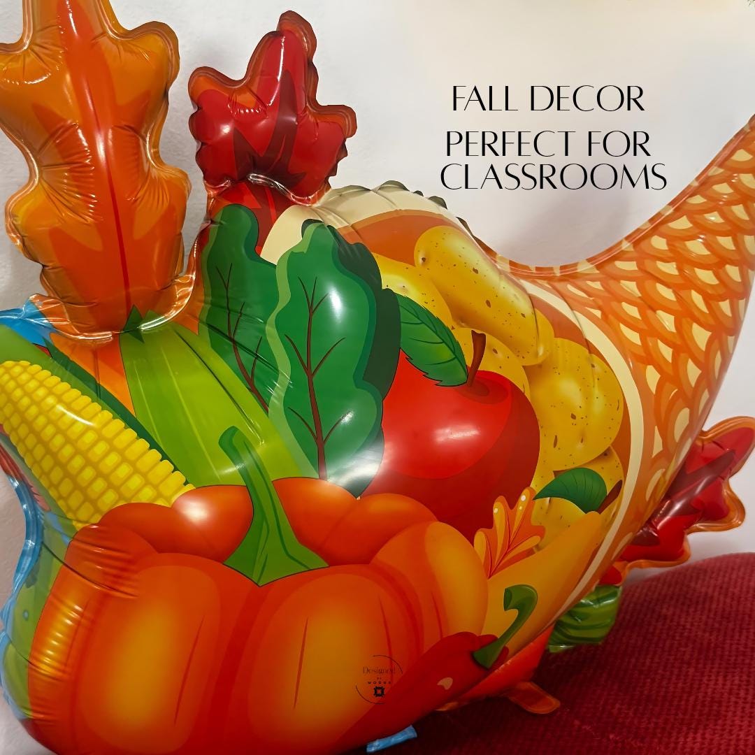 “Close-up of cornucopia balloon showing vegetables and harvest details, perfect for classrooms.