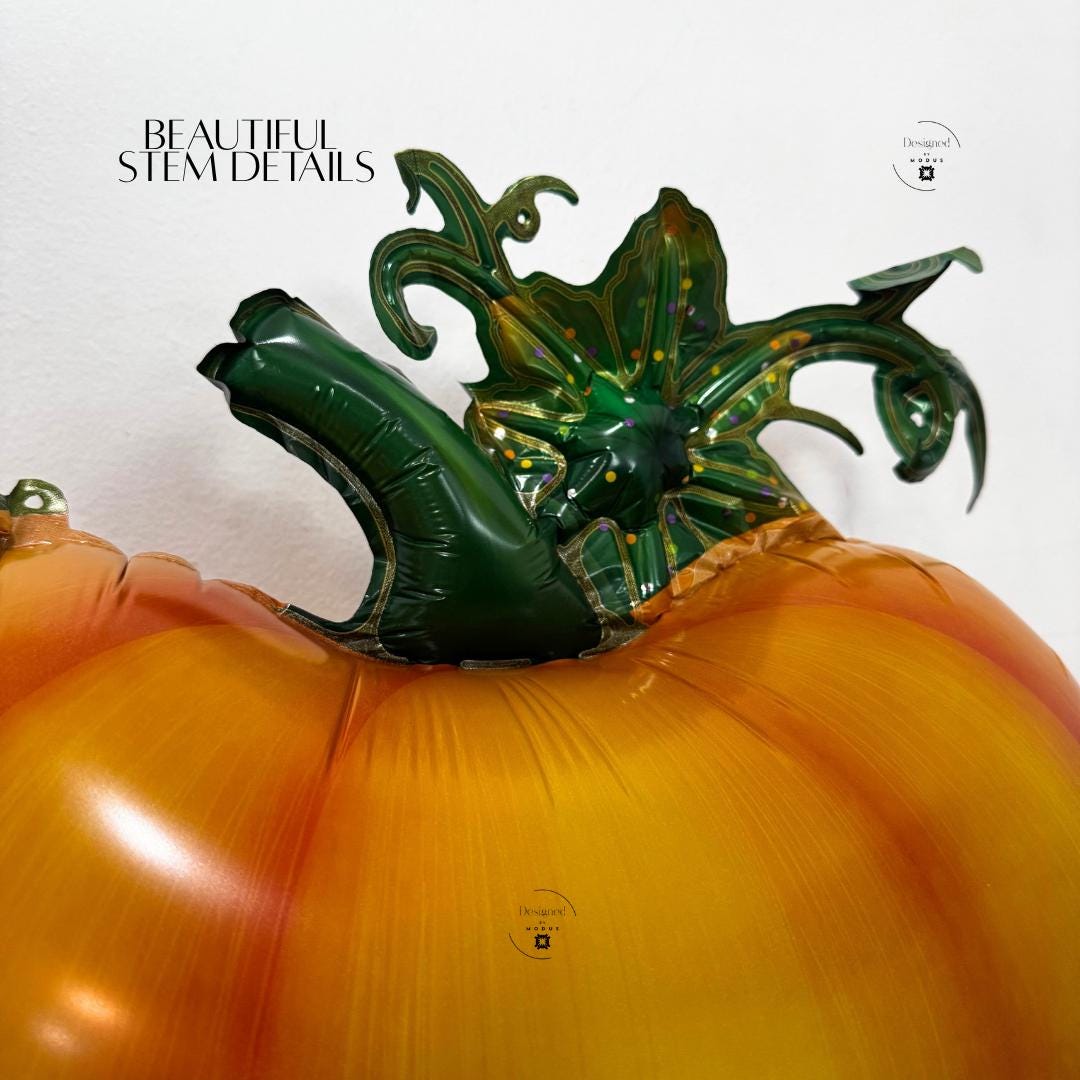 Pumpkin balloon with realistic green stem and leaf detailing for festive Thanksgiving setup