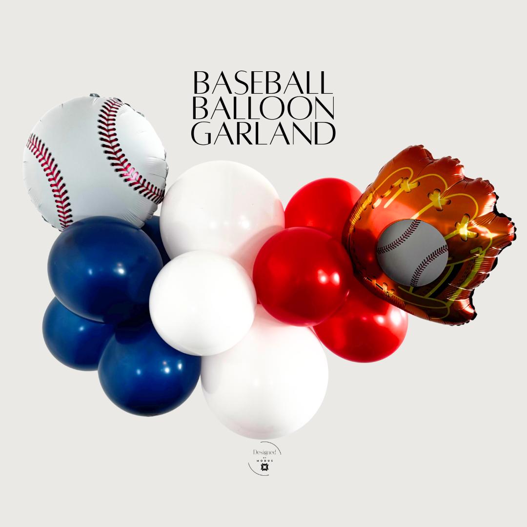 Baseball balloon garland with red, white, and blue latex balloons and baseball-themed mylars