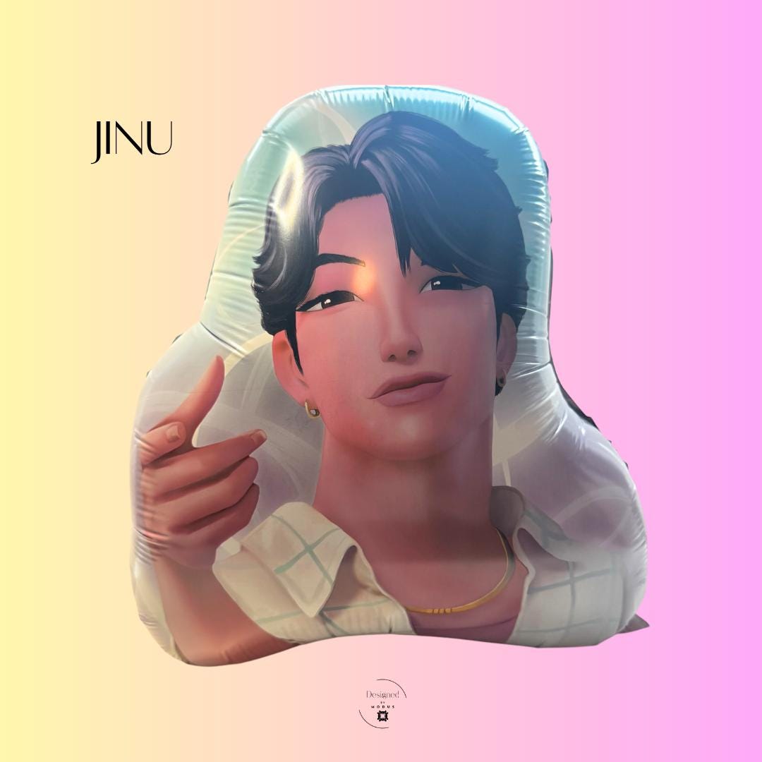 Double-sided K-Pop JINU character mylar balloon with pastel background — Designed by Modus